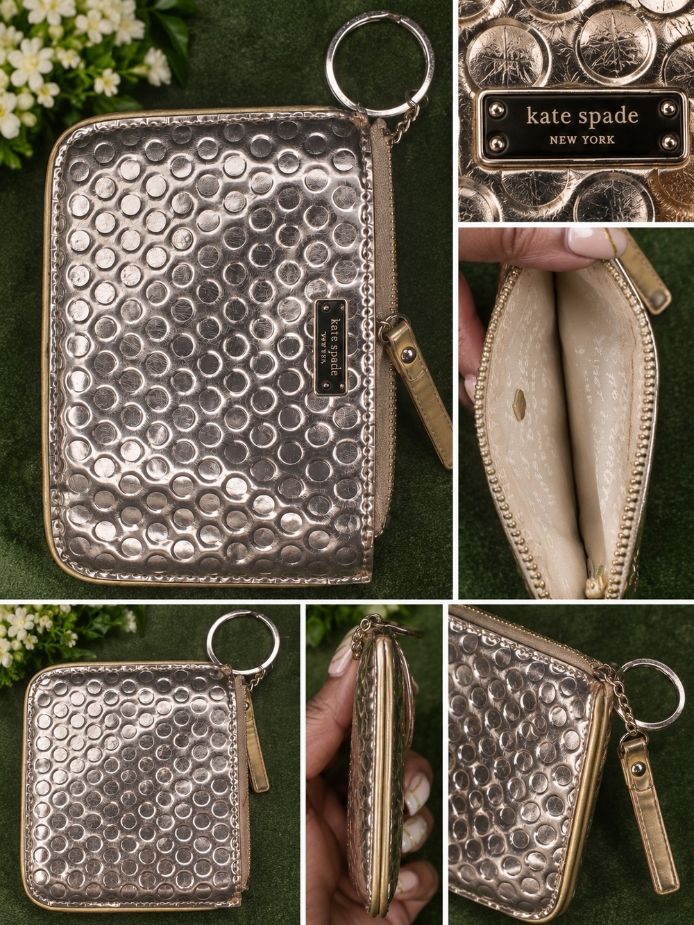 kate spade metallic gold bubble zip card case with key ring